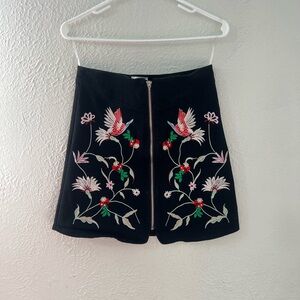Black Embroidered Skirt with Floral and Bird Design